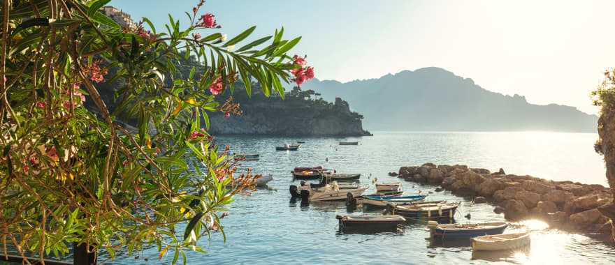 View of the bay and boats in the Conca dei Marini on the Amalfi Coast