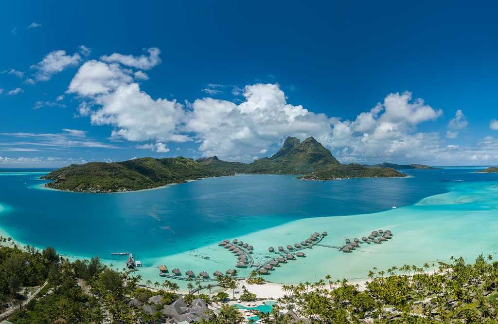 Bora Bora, French Polynesia Aerial view of luxury overwater bungalows on Bora Bora island in French Polynesia.