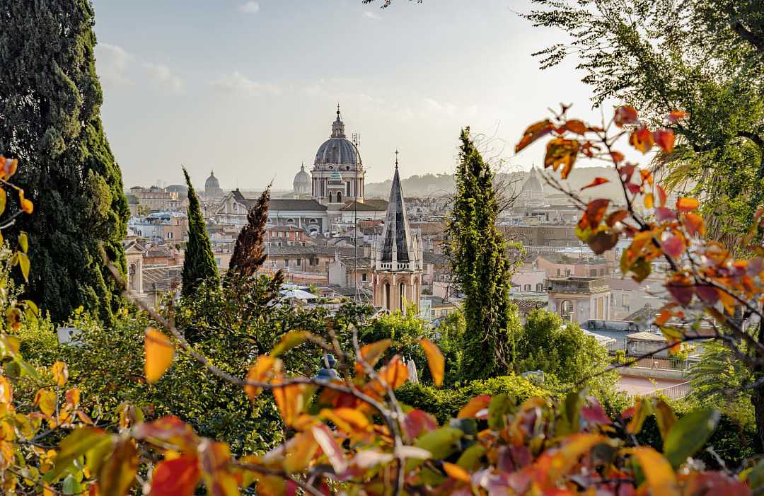 View of Rome’s historic skyline framed by trees, with St. Peter’s Basilica dome visible in the distance.
