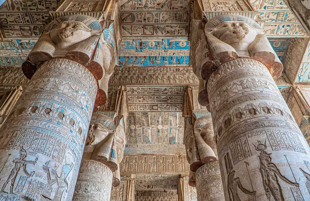 Ancient Egyptian hieroglyphs at Dendera Temple in Egypt
