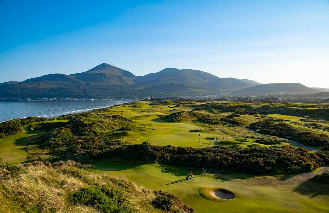 Royal County Down Golf Club with the Mourne Mountains in the distance